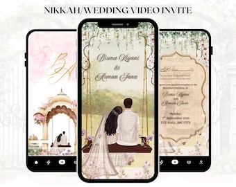 May include: Digital wedding invitation displayed on a smartphone. The design includes a couple on a swing, floral details, and the names Bisma Kiyani & Arman Jana. The text "NIKKAH/WEDDING VIDEO INVITE" is at the top.