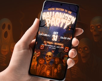 May include: A smartphone displays a Halloween party invitation. The invitation features a spooky scene with skeletons, jack-o'-lanterns, and a haunted house. The text reads "You're Invited to the Halloween Party" with the date and time.
