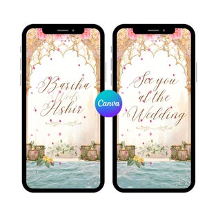 May include: Two smartphone screens displaying wedding invitation designs. The left screen reads "Bariha Weds Ashir" in elegant script, while the right screen says "See you at the Wedding." Both feature floral and architectural elements.