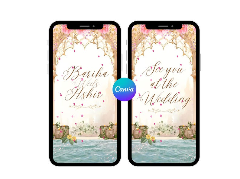 May include: Two smartphone screens displaying wedding invitation designs. The left screen reads "Bariha Weds Ashir" in elegant script, while the right screen says "See you at the Wedding." Both feature floral and architectural elements.