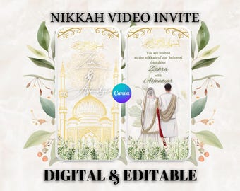 May include: A digital video invitation for a wedding ceremony. The invitation features a gold and white mosque design with the text "Zahra & Asfandyar" and the words "You are invited at the nikkah of our beloved daughter Zahra with Asfandyar".
