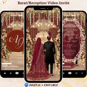 May include: Digital wedding invitation on three smartphones. The design features a couple in traditional attire, with a burgundy and gold colour scheme. The text "Barat/Reception Video Invite" is at the top. The invitation includes names, date, and venue details.