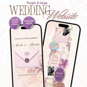 May include: Two smartphones display a purple and beige wedding website design. The screens feature floral graphics, an envelope with a wax seal, a music icon, and text including "Amelia & Theodore," "WE'RE GETTING MARRIED," and "RSVP Click Here."