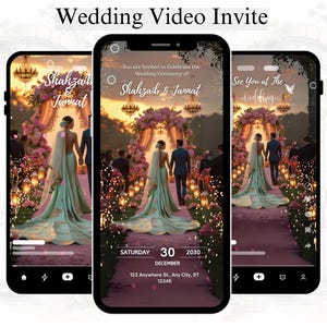 Op de afbeelding: Een trouwvideo-uitnodiging weergegeven op drie smartphones. De uitnodiging toont een stel dat naar een bloemenboog loopt. Tekst bevat de namen "Shahzaib & Jannat" en de datum "30 december 2030."