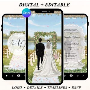May include: Digital wedding invitation design displayed on three smartphones. The central image shows a couple at a ceremony, with text at the top and bottom. The design includes floral elements and the Canva logo.
