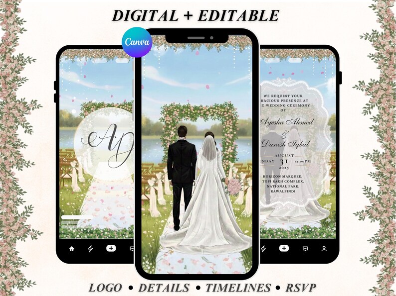 May include: Digital wedding invitation design displayed on three smartphones. The central image shows a couple at a ceremony, with text at the top and bottom. The design includes floral elements and the Canva logo.