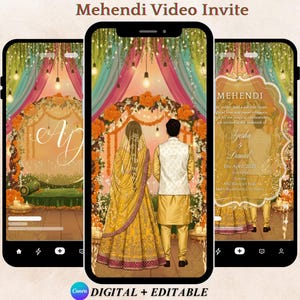 May include: Three smartphone screens displaying a digital wedding invitation. The central screen shows a couple in traditional Indian attire under a floral arch. The invitation text reads "Mehendi Video Invite" and "Digital + Editable."