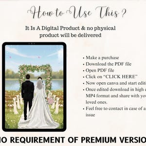 May include: Digital wedding invitation displayed on a tablet. The image shows a couple at a wedding ceremony, with text instructions on how to use the digital product. The text includes "How to Use This?" and "No requirement of premium version."
