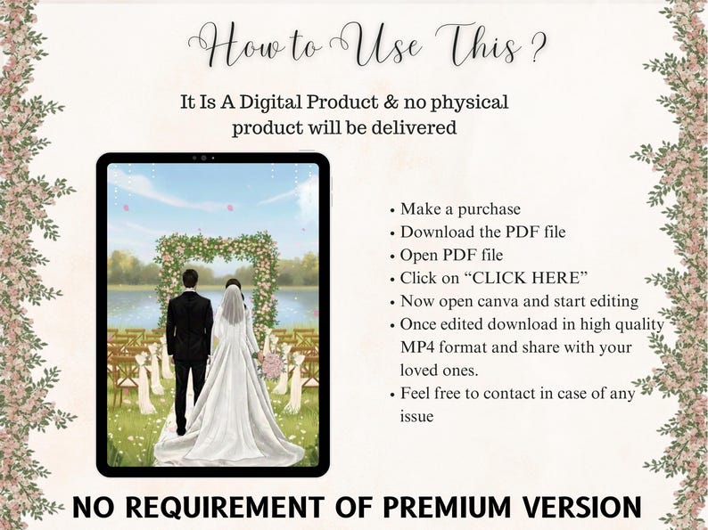 May include: Digital wedding invitation displayed on a tablet. The image shows a couple at a wedding ceremony, with text instructions on how to use the digital product. The text includes "How to Use This?" and "No requirement of premium version."