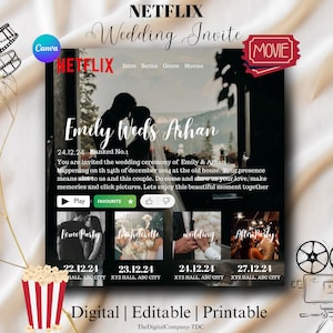 Puede incluir: Una invitación de boda digital con temática de Netflix. La invitación presenta los nombres de la pareja, "Emily Weds Arhan", y una fecha, "24.12.24". La invitación también incluye un botón de reproducción, una estrella y un icono de pulgar hacia arriba. La invitación está decorada con un carrete de película rojo y blanco y una etiqueta roja "MOVIE".