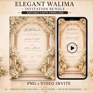 May include: An elegant Walima invitation bundle featuring editable Canva templates. The design displays a cream-colored wedding invitation with floral arches, gold accents, and text including ELEGANT WALIMA INVITATION BUNDLE and PNG + VIDEO INVITE.