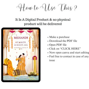 May include: A digital invitation for a Mehandi ceremony, displayed on a tablet. The design features a couple in traditional attire, floral decorations, and event details. The text reads "How to Use This?" and instructions.