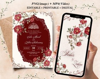 Bearbeitbare muslimische Hochzeitseinladungsvorlage: Digital Barat/Nikkah Invite (PNG, MP4 Download)