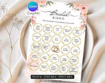 May include: A printable bridal bingo card with a floral design. The card has 25 squares with different statements about the bride's friends and family. The first person to complete a line wins.