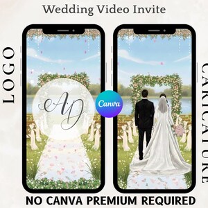 May include: Digital wedding video invite displayed on two smartphones. One shows initials, the other a couple at the altar. The background features a lake and floral arch. Text includes "Wedding Video Invite" and "No Canva Premium Required."