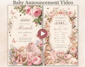 Plantilla de video para anunciar el nacimiento de una niña, anuncio de nacimiento floral editable en Canva, video móvil para revelar el nacimiento de un bebé musulmán, descarga digital.