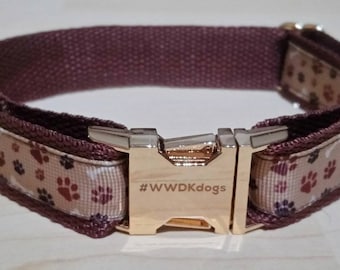Brown paw print dog collar, paw print collar, Pink dog collar