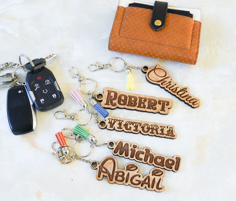 Custom Engraved Name Keychain Personalized Keychain Wood Etsy
