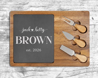 Wedding Mr & Mrs Personalized Rectangle Charcuterie Board with Detachable Slate Trivet