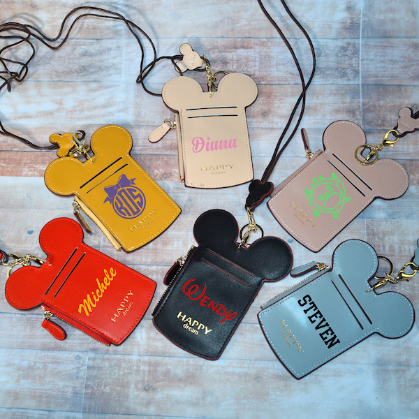 Personalized Disney Lanyard, Faux Leather ID Card Holder, Zippered Pouch