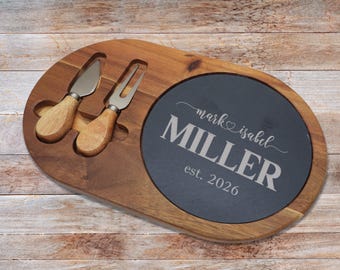 Wedding Mr & Mrs Personalized Charcuterie Board with Detachable Slate Trivet