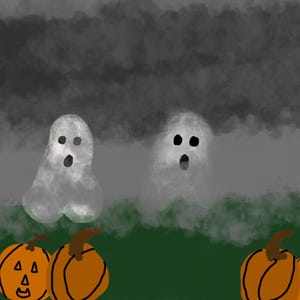 Puede incluir: Ilustración de Halloween con dos fantasmas blancos, calabazas naranjas talladas, un gato negro y una lápida. El fondo es un cielo oscuro y nublado, creando una atmósfera espeluznante.