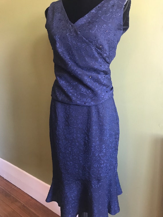 Vintage blue brocade gathered top with matching sk