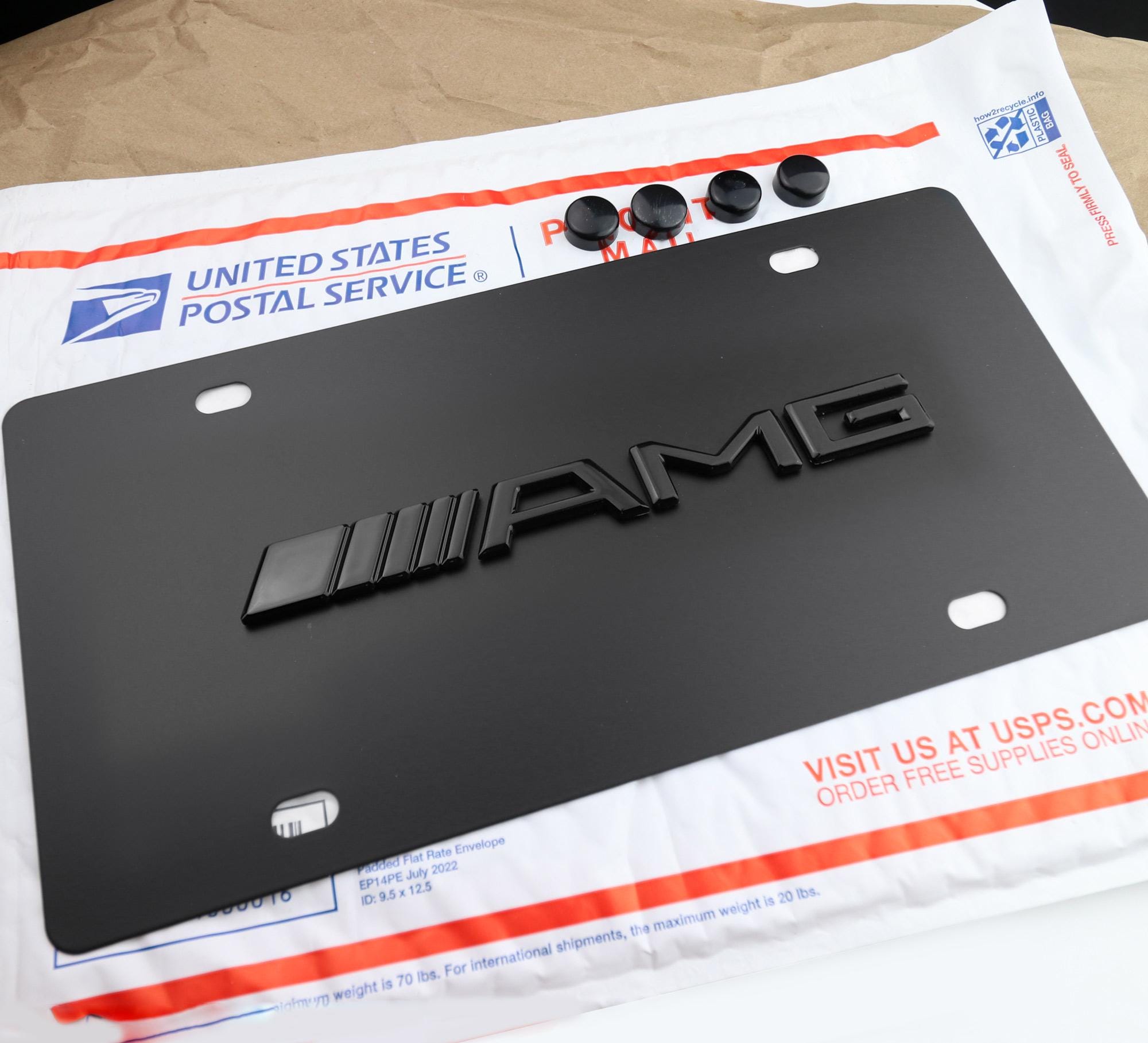 Mercedes Benz AMG License Plate: Black Stainless Steel with Caps
