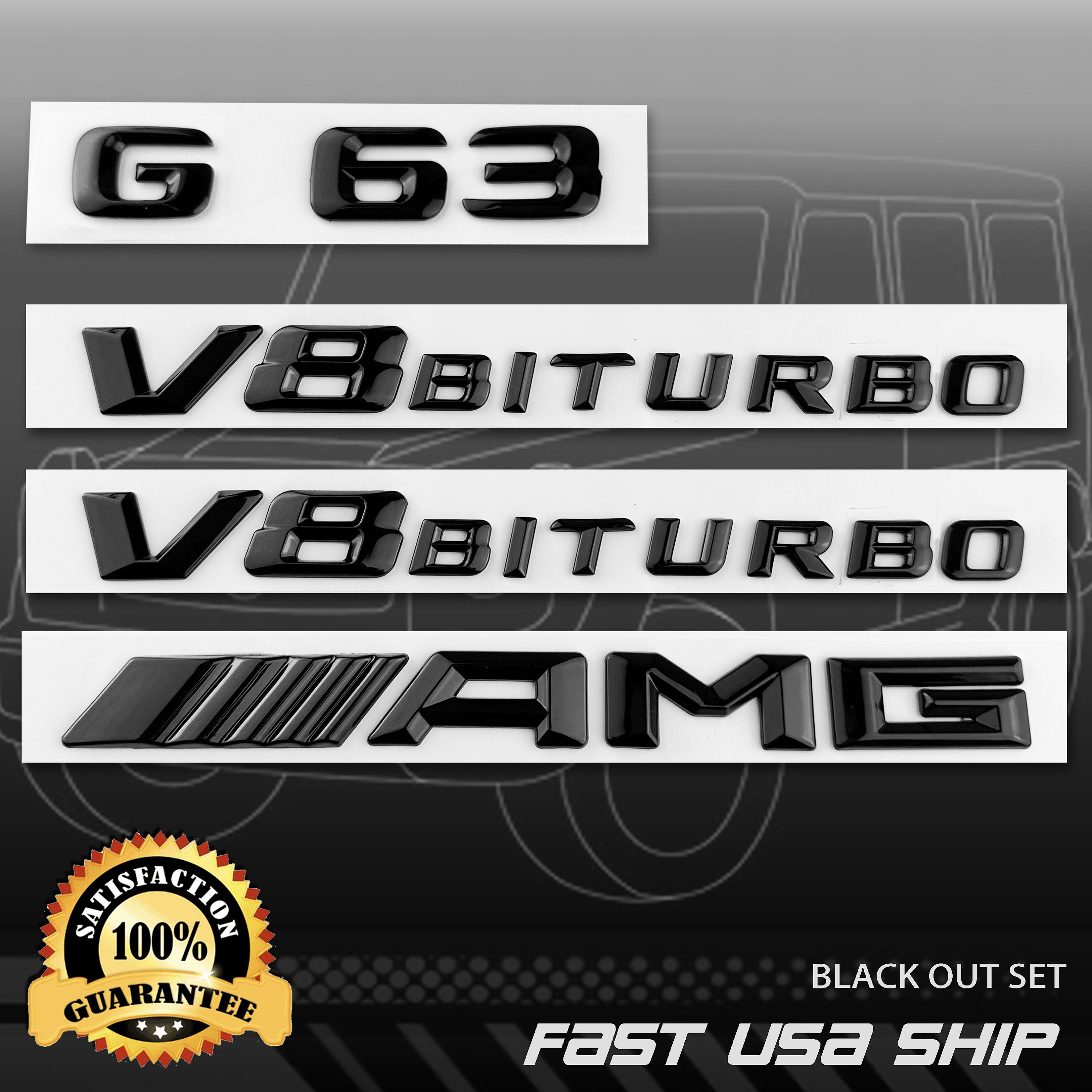 G63 AMG V8 バイトゥルボバッジ - メルセデスベンツ Gワゴン 2019+用グロスブラックエンブレム
