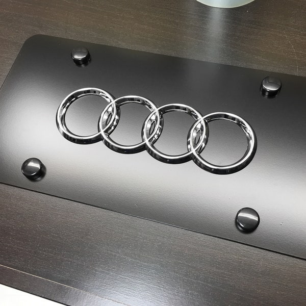 3D Stainless Steel License Plate with Black Caps fits all USA mounts Audi Black