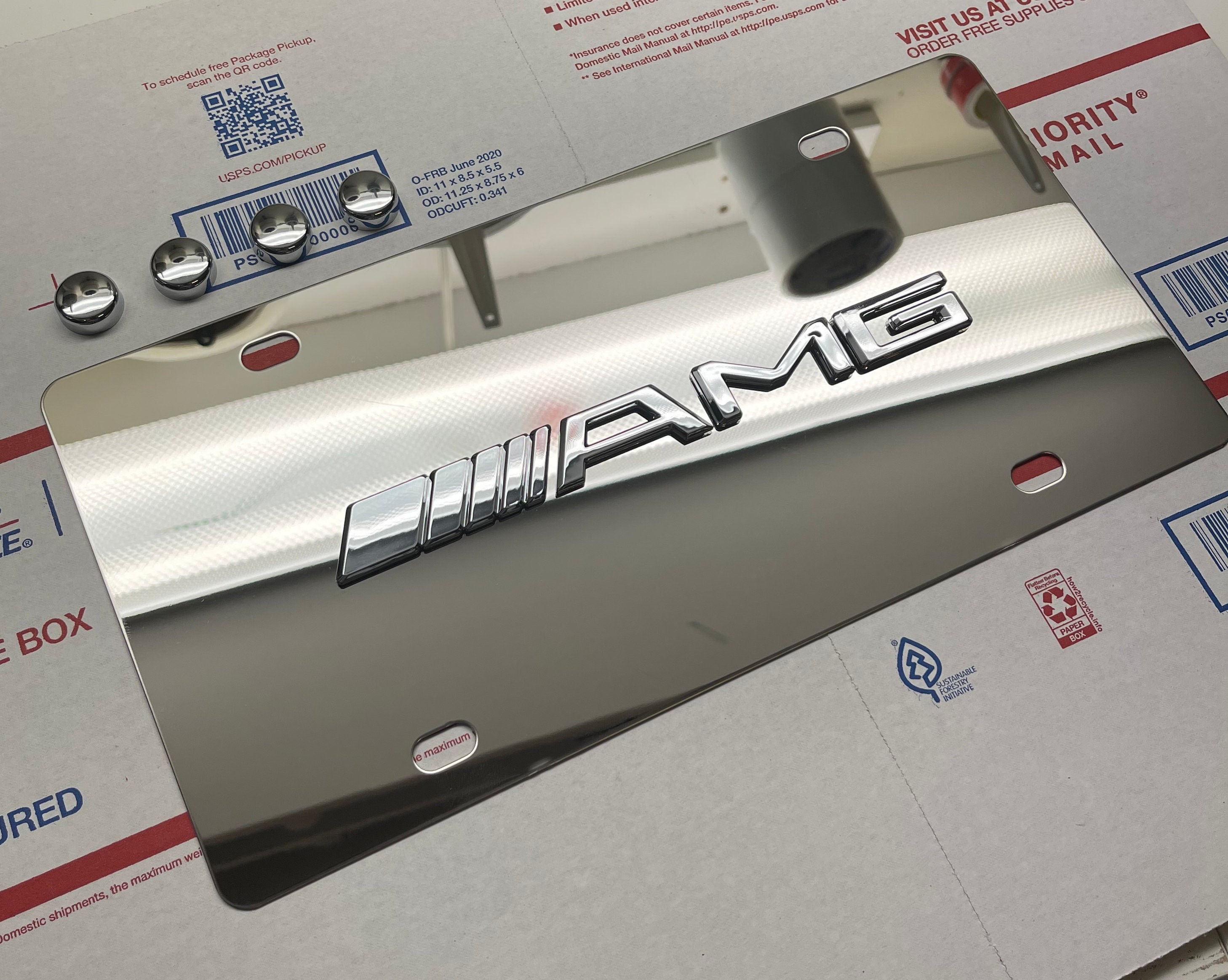 MERCEDES BENZ AMG 3D Sport Chrome Mirror Stainless Steel Vanity license plate w/Caps  for Front or Rear