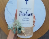 Boys Girls Premium Christening Candle with hessian and foliage