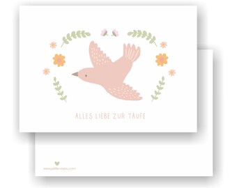 Alles Liebe zur Taufe rosa // Taufpate /Vogel / Glückwunsch / Designkarte  / Grußkarte / Postkarte / Geschenkkarte / Kunstdruck