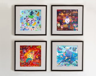 Set of 4 elements prints | Prints of originals paintings | Fire, Air, Earth, Water | animal, plant, flower, tropical, birds prints | Surreal