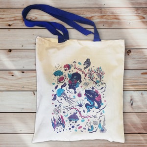 100% Baumwolle Tragetasche | Lange blaue Henkel Tasche | Stoff Siebdruck Einkaufstasche mit langen Henkeln | Vollfarbige Illustration Tasche