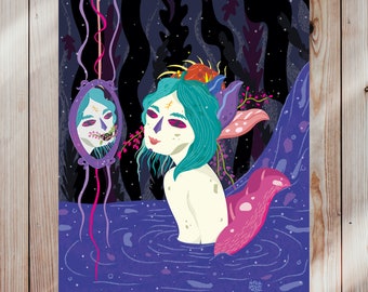 A3 fairy witch illustration | Night, mystery plants in dark lake, children tale illustration, children room | Dark illustration print