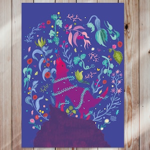 Breathe | Wolf at night with rare plants | Flowers illustration background | Totem animal | shaman art print  | Wolf art Print
