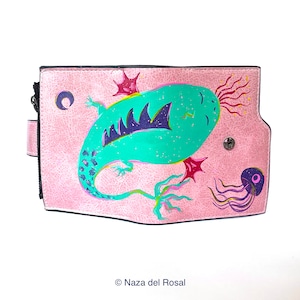 Pink hand painted leatherette wallet | Surreal painting | Animal painting | Full color Illustration wallet