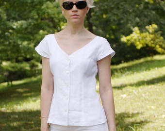 Gewaschene & weiche LeinenBluse, Weißes Sommer Button Up Shirt, Leinen Mint mit Polka Dots Bluse, Leinen Prinzessin Bluse mit Knöpfen