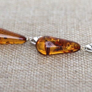 EARRINGS - Sterling Silver 925 - Cognac Amber Drop Dangle Stone - Drop Brown Orange Earrings