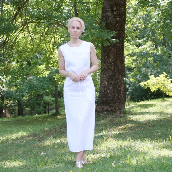 Robe en linge blanc - Robe blanche longue sans manches avec ceinture et poches cachées latérales - Summer Linen Maxi White Dress