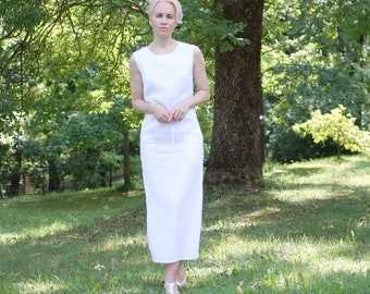 White linen dress - Sleeveless long white dress with belt and side hidden pockets - Summer Linen Maxi White Dress