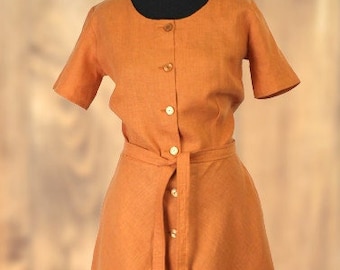 Robe en lin, robe chemise d'été à manches courtes, robe en lin orange boutonnée sur le devant, robe-robe de style rétro en lin