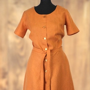 Linen dress, Short Sleeve Summer Shirt Dress, Front buttoned orange linen dress, Linen retro style dress- robe