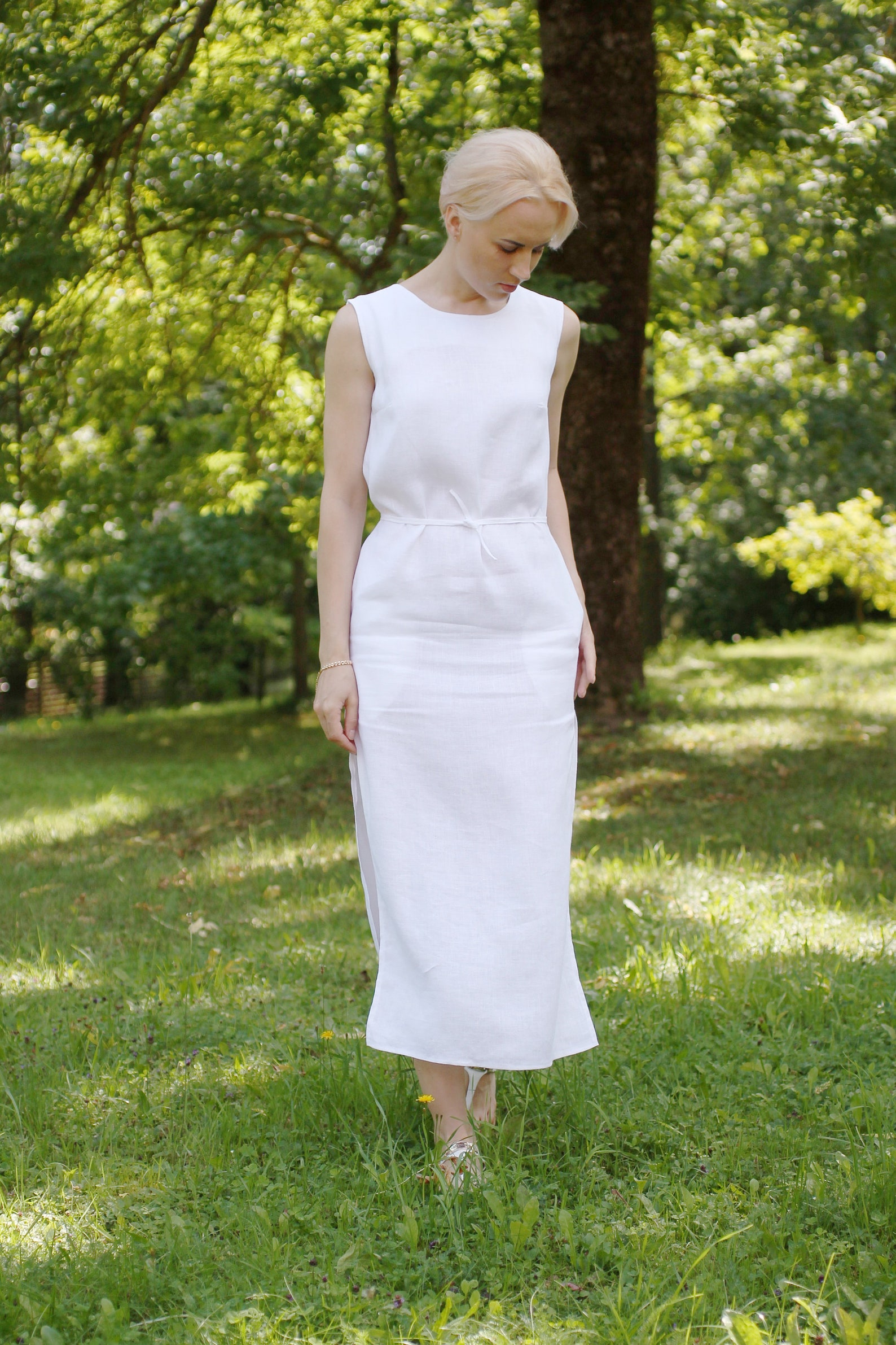 White Linen Dress Sleeveless Long White Dress With Belt and Side Hidden