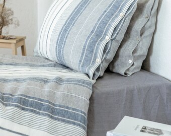 SOFT LINEN PILLOWCASE - Natural Linen Pillowcase - Striped off-white grey blue linen pillow cover