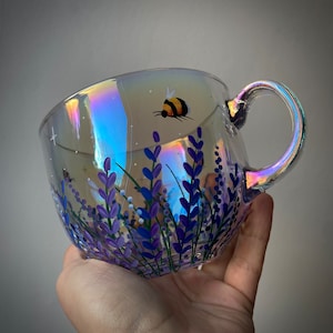 Mystery Hand painted large iridescent glass cappuccino mug with floral bee details perfect gift idea hot chocolate tea coffee rare Surprise