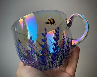 Mystery Hand painted large iridescent glass cappuccino mug with floral bee details perfect gift idea hot chocolate tea coffee rare Surprise