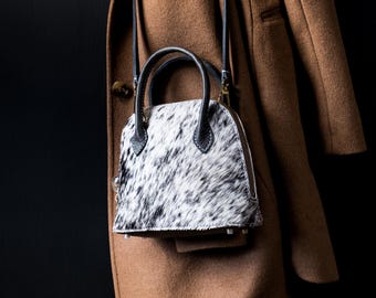 Aster Fur Handbag | Fur on Cowhide | Bolide | Crossbody Bag | Black and White | Luxury Bag | Gray | Made In Hawaii | Mini Bag