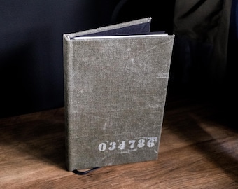 Reclaimed Military Duffel Journal – Handmade Hardcover Sketchbook – WWII Era Fabric Cover – Sustainable Upcycled Notebook – Blank Pages